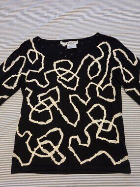 Carlisle Luxury Black Silk Blend Abstract Ribbon Appliqué Knit Top - XS